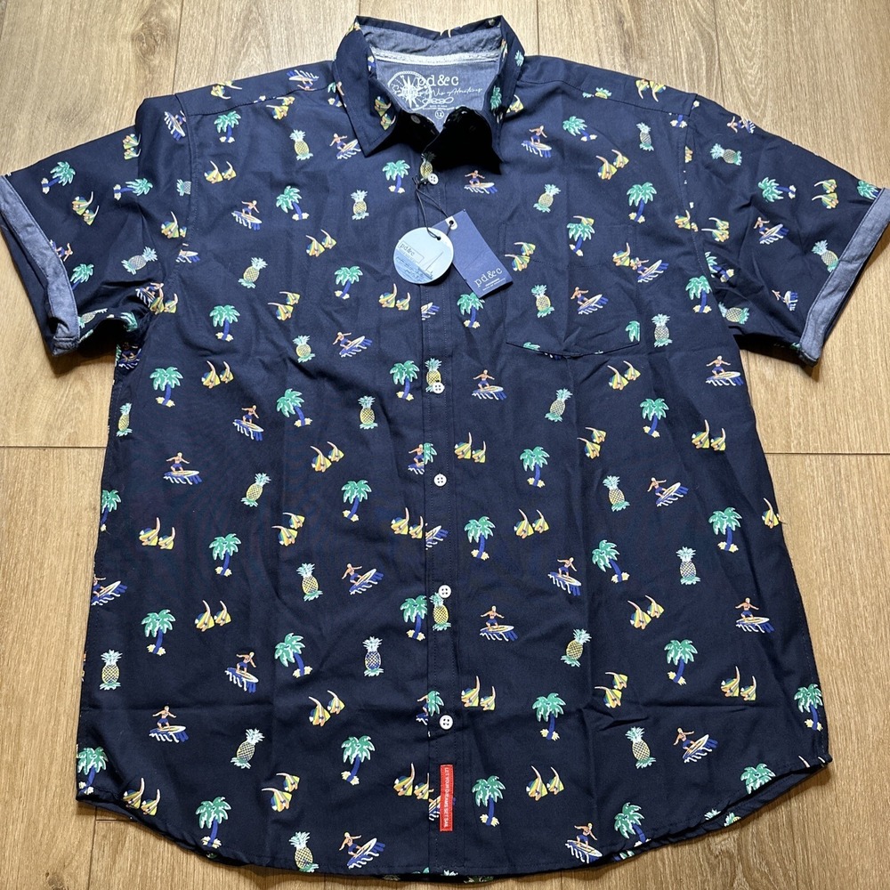 PD&C Men's Short Sleeve Hawaiian Surf Pineapple Shirt Size 1X NWT Navy Blue